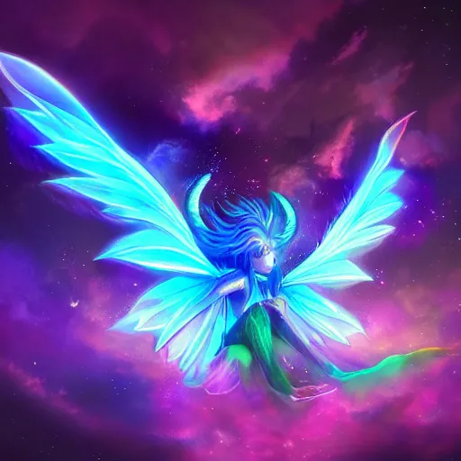 Prompt: bioluminescent winged fairy dream dragon breathing out the galaxy in 4 k colorful soft lighting diffuse powerful dielectric effects twisting artstation trending high definition high detail low orthogonality high frequency noise