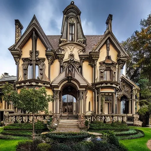 Prompt: ornate mansion with a blend between modern architecture and ancient gothic style