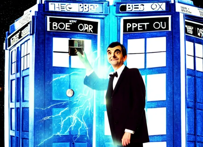 Image similar to product photo still of vhs cover of mr bean as doctor who in front of a nebula through the open door of the tardis on a vhs box