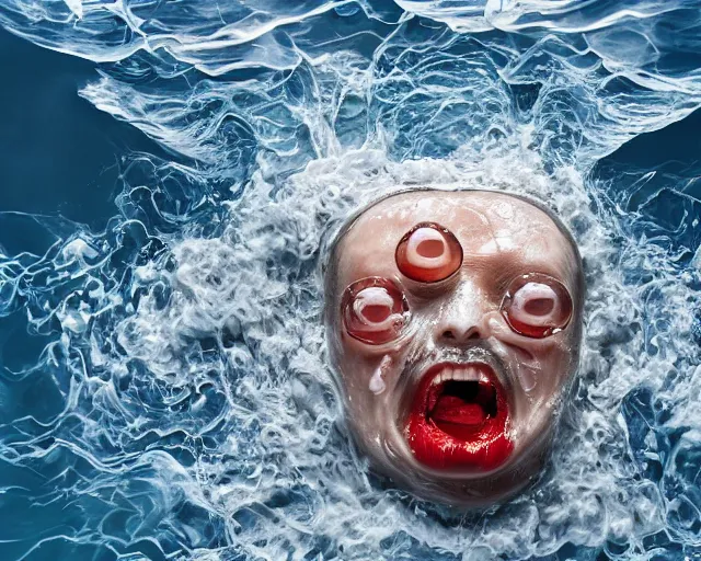 Prompt: a massive sculpture of a squashed human face with 3 tongues sticking out made out of dripping jelly on the ocean water, cinematic, hyper - realistic, very detailed, realistic water splashes, ray tracing, 8 k resolution, long - shot, sharp focus, low angle, 8 5 mm photograph, wide lens