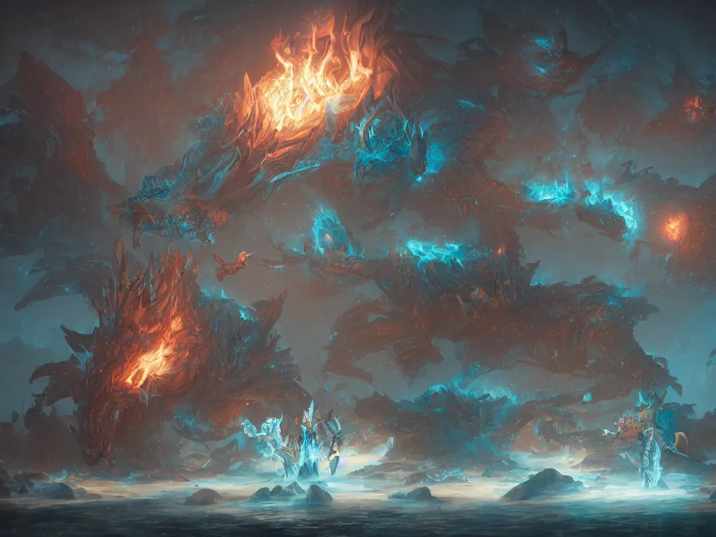 Prompt: huge daragons breathing ice and fire by peter mohrbacher and dan mumford and nekro, cgsociety, volumetric light, 3 d render