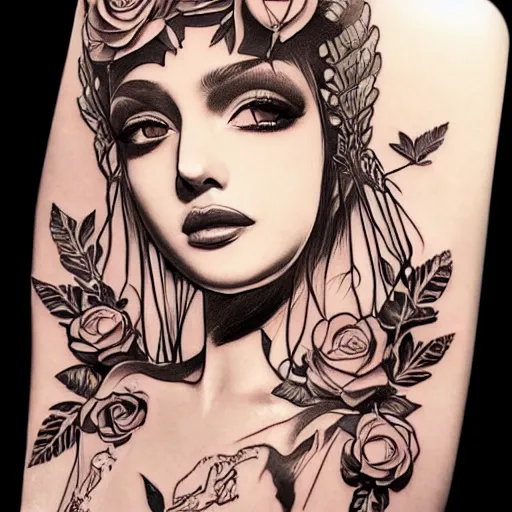 Image similar to tattoo design, stencil, beautiful cleopatra girls face, roses and ivy surrounding by artgerm, artgerm, cat girl, anime