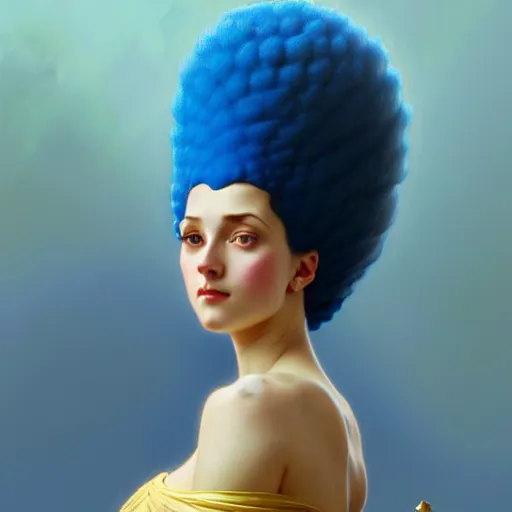 Image similar to marge simpson, intricate, elegant, highly detailed, digital painting, artstation, concept art, smooth, sharp focus, illustration, art by artgerm and greg rutkowski and alphonse mucha and william - adolphe bouguereau