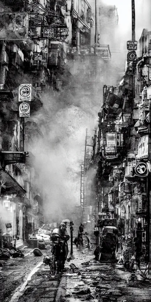 Prompt: dark streets of the diesel punk. Wet stone road. Dirty smoke, narrow streets. People in the gas masks. Gloomy place. Oil spills on the street. Deposing colors.