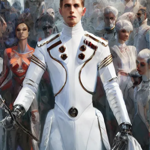 Image similar to portrait of a regal prince in futuristic white clothes, high collar, sharp cheekbones, hopeful expression, surrounded by a crowd of furious people out of focus, matte painting, digital art, stylized, highly detailed, by cedric peyravernay