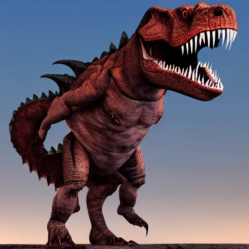 Image similar to Realistic, high quality photograph of a angry, demonic T-Rex standing close to camera in the style of devilcore, gorecore, 3D render, blender render, realistic skin, twilight, glows, detailed, studio quality, HD image,