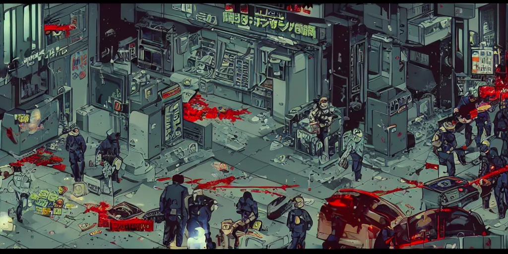 Image similar to 1988 Video Game Screenshot, Anime Neo-tokyo Cyborg bank robbers vs police, Set in Cyberpunk Bank Lobby, bags of money, Multiplayer set-piece :9, Police officers hit by bullets, Police Calling for back up, Bullet Holes and Blood Splatter, :6 ,Hostages, Smoke Grenades, Riot Shields, Large Caliber Sniper Fire, Chaos, Cyberpunk, Money, Anime Bullet VFX, Machine Gun Fire, Violent Gun Action, Shootout, Escape From Tarkov, Intruder, Payday 2, 8k :4 by Katsuhiro Otomo + Sanaril : 8