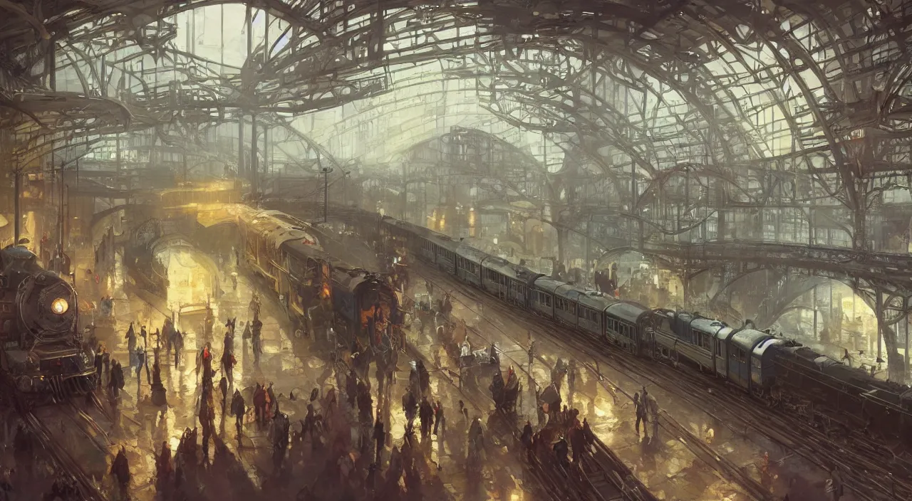 Prompt: subway station with an arriving steam train, highly detailed, digital painting, artstation, concept art, smooth, sharp focus, steampunk style, illustration, art by greg rutkowski and alphonse mucha