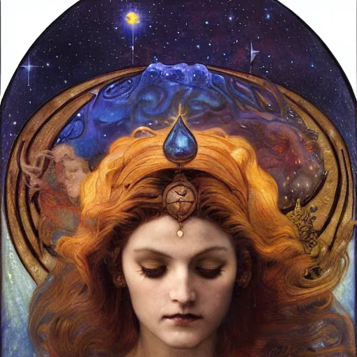 Prompt: queen of the moon with stars in her hair, by annie swynnerton and tino rodriguez and donato giancola and nicholas roerich and jean delville and diego rivera and charlie bowater and dulac, dramatic lighting, god rays, geometric tattoos, rich colors, smooth sharp focus, extremely detailed, adolf wolfli