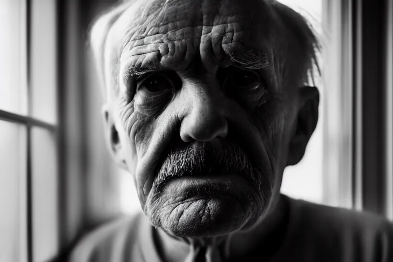 Image similar to a cinematic, close up portrait, of an old man, looking in the window, sad, dramatic, soft light, dreamy, facial features, stood in a cell, with prison clothing, detailed, deep focus, movie still, dramatic lighting, ray tracing, by hendrik kerstens and paolo roversi