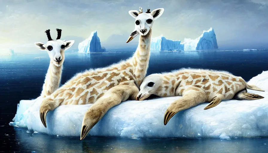 Image similar to highly detailed painting of cute furry white baby seal giraffes with big furry antlers cuddling into each other on a blue and white iceberg by william turner, by greg rutkowski, by william constable, thick brush strokes and visible paint layers, 4 k resolution