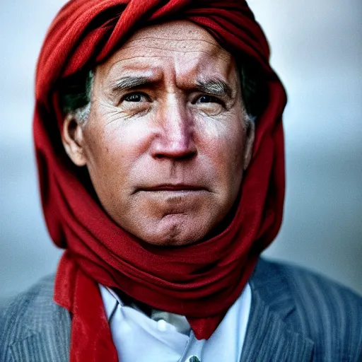 Image similar to portrait of president joe biden as afghan man, green eyes and red scarf looking intently, photograph by steve mccurry