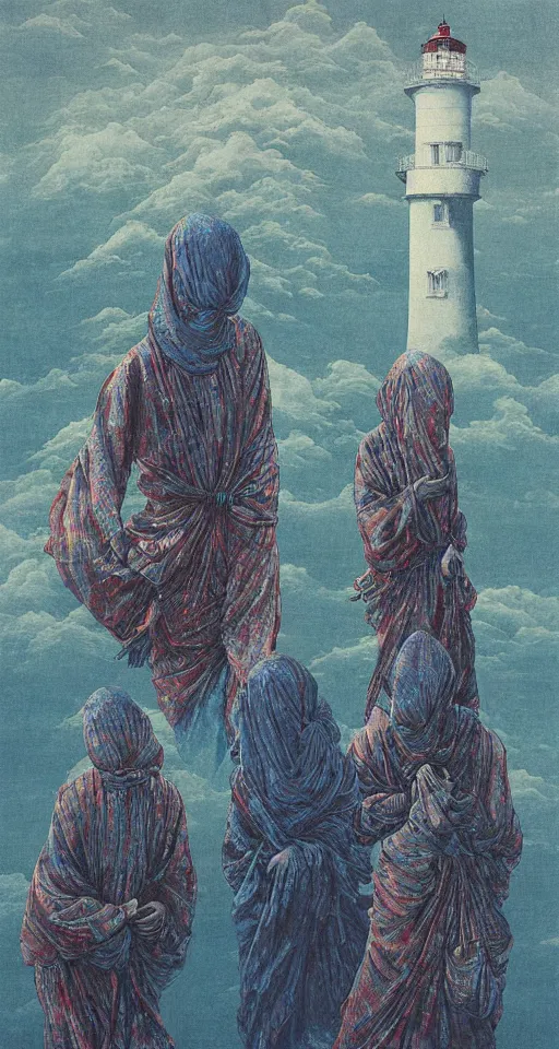 Prompt: worshippers in robes belonging to the cult of the lighthouse standing in waves, a lighthouse, high detailed Beksinski painting, part by Adrian Ghenie and Gerhard Richter. art by Takato Yamamoto. masterpiece, deep colours, blue