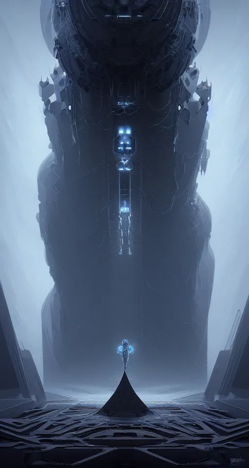 Image similar to professional concept art of a symmetrical! abstract fractal ominous floating robotic terrifying giant thing in a dark room by artgerm and greg rutkowski. an intricate, elegant, highly detailed digital painting, concept art, smooth, sharp centred focus, illustration, in the style of cam sykes, wayne barlowe, igor kieryluk.