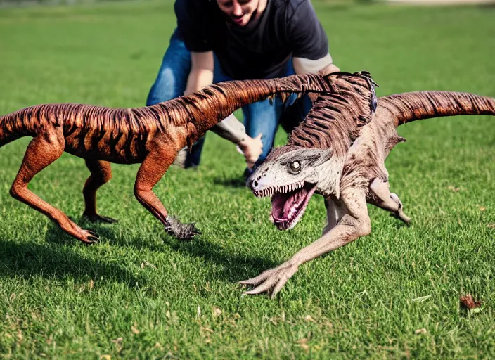 Image similar to photo of a dog playing with a velociraptor