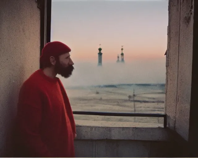 Prompt: lomo photo of 4 0 years russian man with beard and sweater standing on small hrushevka balcony full with cigarette smoke in small russian town looking at sunset, film still, atmospheric, cinestill, bokeh