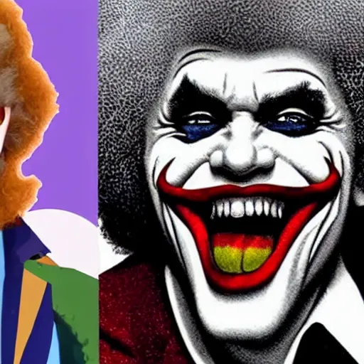 Prompt: bob Ross as the joker smiling while winking as he is getting done from Harley Quinn