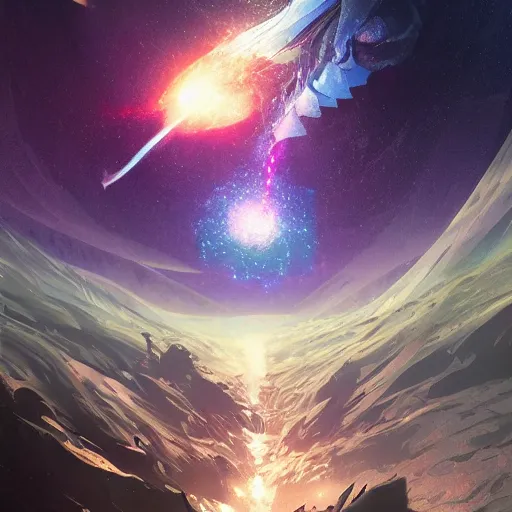 Prompt: concept art of an alien space galaxy, stars, meteorites, floating debris, beautiful, fantasy, colorful, cinematic lighting, artstation, trending, highly detailed, focus, smooth, by studio ghibli, rossdraws, hirohiko araki, conrad roset, yoshitaka amano