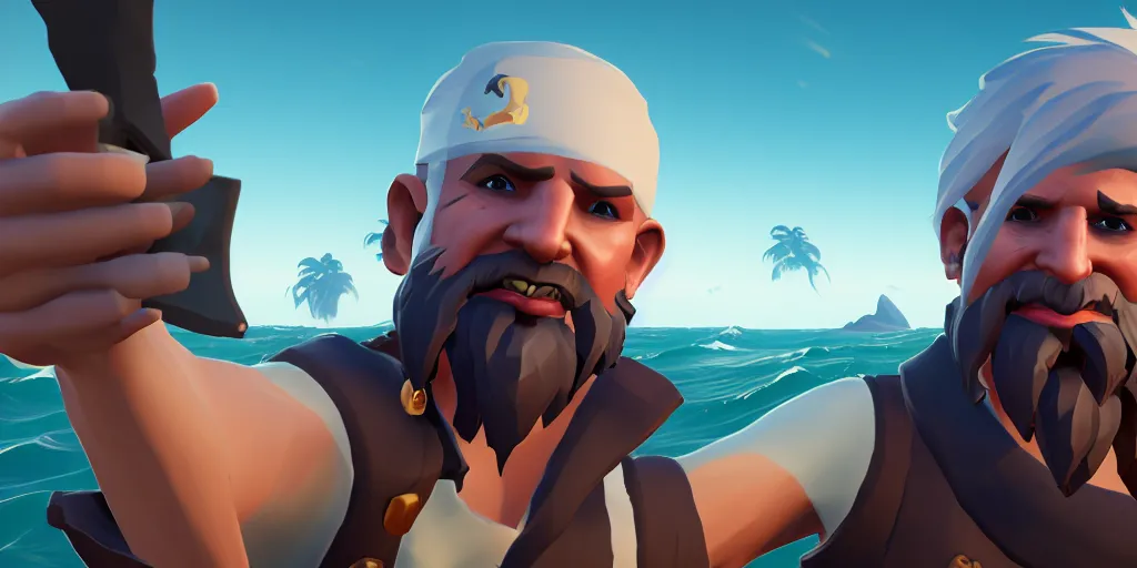 Prompt: selfie of a sea of thieves character with white beard, white hair, eye patch, sea of thieves screenshot, storm, unreal engine, digital art,