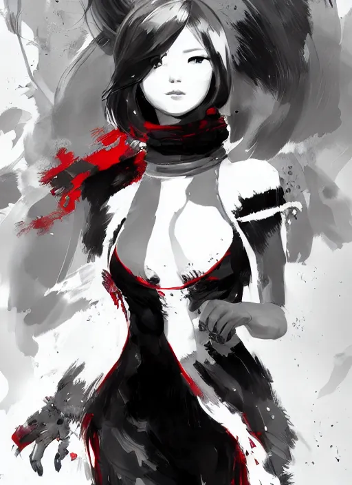 Prompt: highly detailed portrait of a nancy kwan, by dustin nguyen, akihiko yoshida, greg tocchini, greg rutkowski, cliff chiang, 4 k resolution, nier : automata inspired, bravely default inspired, vibrant but dreary red, black and white color scheme!!!