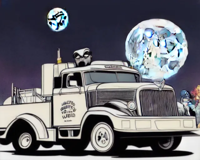 Prompt: a study of cell shaded cartoon huge truck limousine, in front of a big moon, illustration, wide shot, muted colors, post grunge, concept art by josan gonzales and wlop, david rubin, mike mignola, laurie greasley, highly detailed, sharp focus, trending on artstation, hq, deviantart, art by artgem