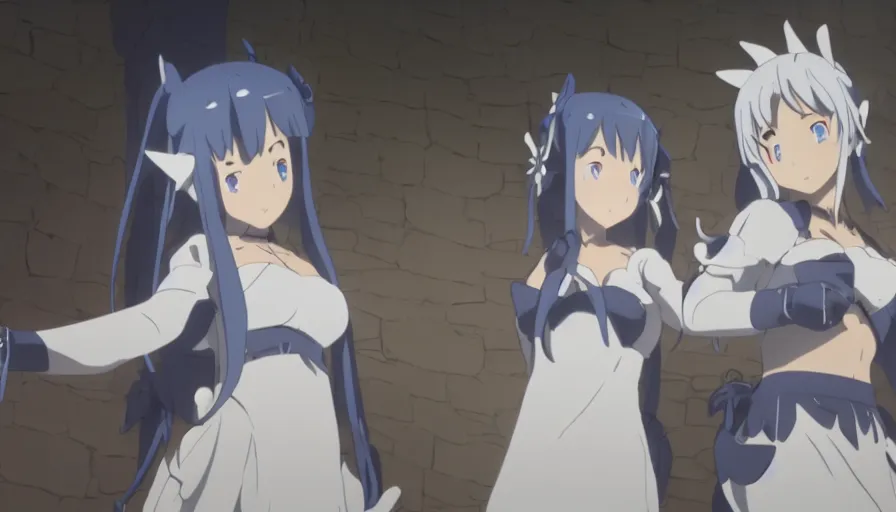 Image similar to Danmachi Hestia holding hands with Bell Cranel at dawn • cinematic anime screenshot by the Studio JC STAFF