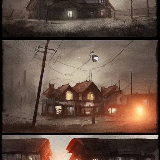 Image similar to this place is truly horrid and the atmosphere is stuffy the town lights are flickering and the place looks horrible, trending on artstation,