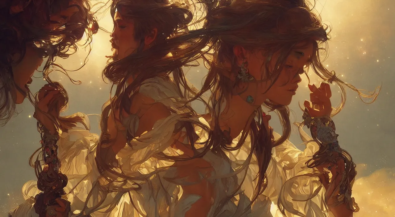 Image similar to bazaar zouk sky shine digital painting, artstation, concept art, illustration, cinematic lighting, art by artgerm and greg rutkowski and alphonse mucha