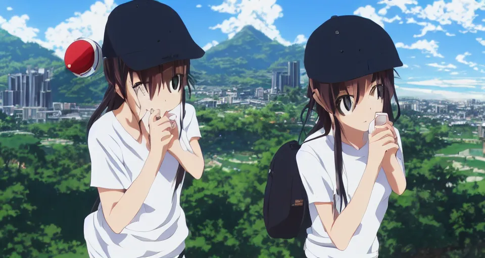 Prompt: closeup of an Anime girl with an oversized white tshirt and a black cap wearing a red fanny pack with the city of Armenia Quindio in the background, Artwork by Makoto Shinkai, official media, 8k, wallpaper, high definition, wallpaper, hd, digital artwork