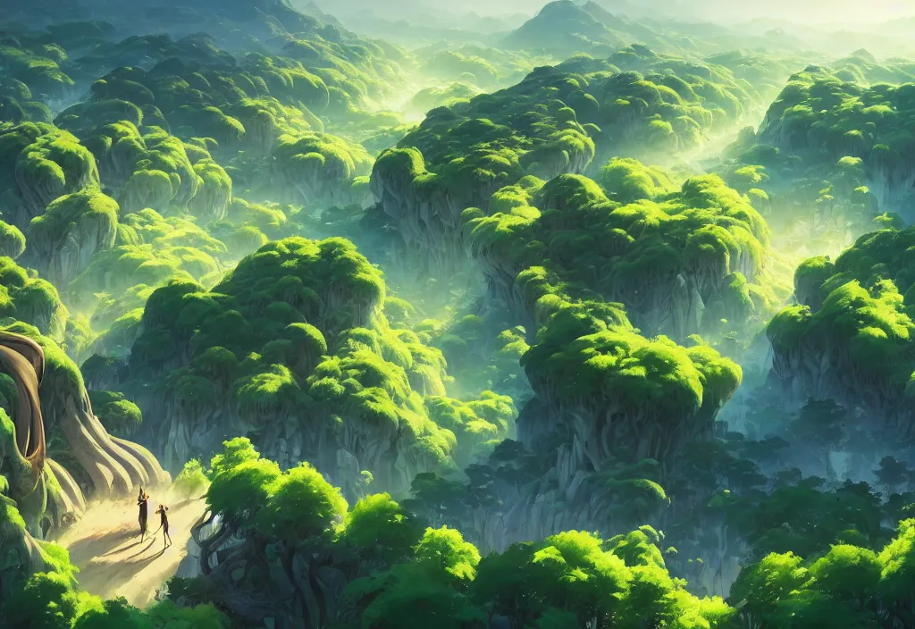 Image similar to high view of the background of a forest that has an endless pit in the bottom of the image, stylised painting, visible brush strokes, forest, medieval architecture, dynamic lighting, aesthetics, smooth, d & d, fantasy, asymmetrical, intricate, elegant, matte painting, by makoto shinkai borderlands and by feng zhu rossdraws