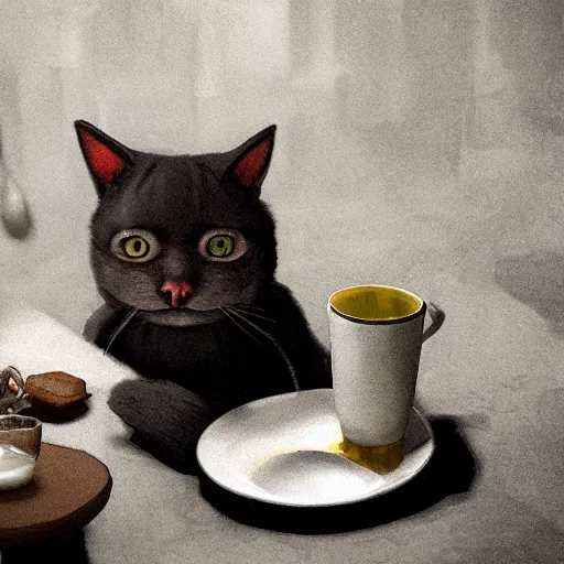 Image similar to cat drinks milk from a small porcelain plate, in game pathologic 2, digital art, steppe colours, cinematic composition, sharp, details, hd