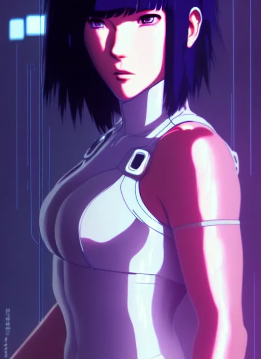 Image similar to a film still fullbody portrait of motoko kusanagi ghost in the shell, finely detailed features, closeup at the faces, perfect art, at a cyberpunk city, gapmoe yandere grimdark, trending on pixiv fanbox, by ilya kuvshinov, rossdraws, artgerm