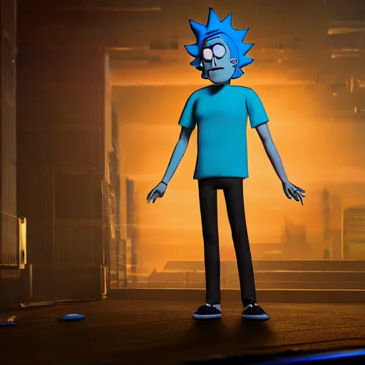 Image similar to full body pose, hyperrealistic photograph of rick sanchez from rick and morty, dim volumetric lighting, 8 k, octane beautifully detailed render, extremely hyper detailed, intricate, epic composition, cinematic lighting, masterpiece, trending on artstation, very very detailed, stunning, hdr, smooth, sharp focus, high resolution, award, winning photo, dslr, 5 0 mm