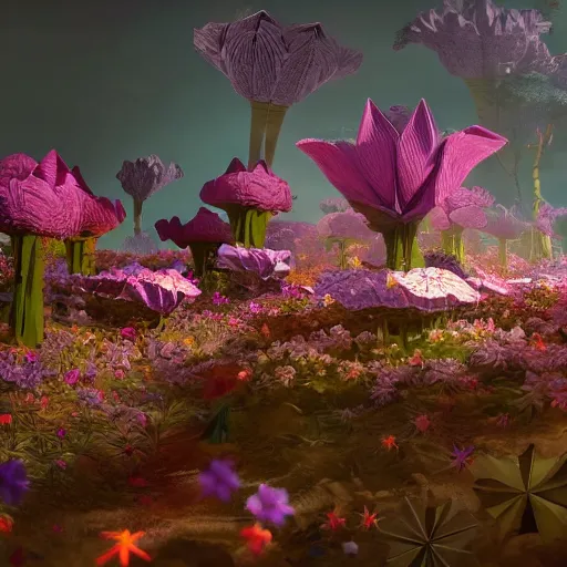 Prompt: an epic flowering alien landscape in the style of origami, 8 k, cinematic light, artstation