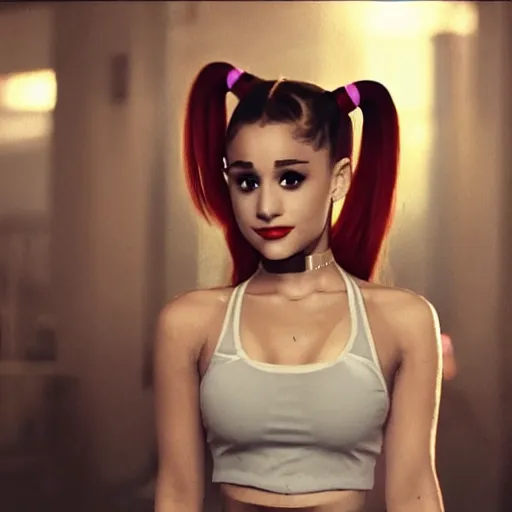 Image similar to Ariana Grande as real-life Harley Quinn, cinematic, Wide-shot, atmospheric lighting, directed by Ti West, extreme detail, 8K, movie still