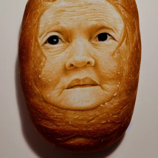 Prompt: a loaf of bread with jennifer loper face on