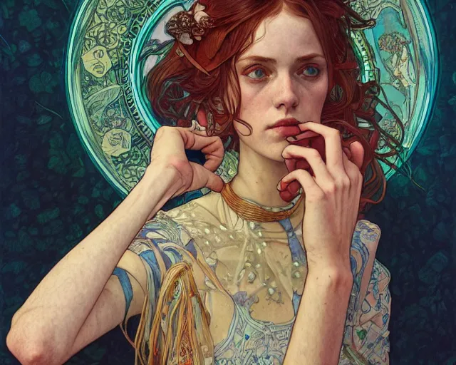 Image similar to photography of hope gangloff, deep focus, d & d, fantasy, intricate, elegant, highly detailed, digital painting, artstation, concept art, matte, sharp focus, illustration, hearthstone, art by artgerm and greg rutkowski and alphonse mucha