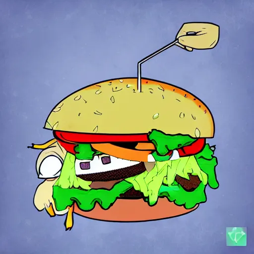 Prompt: a burger monster eating a human, dark, digital art