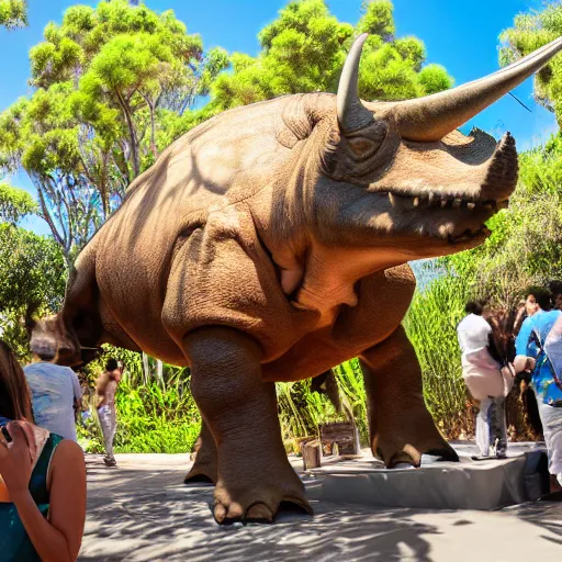 Image similar to photograph of a polaroid of a triceratops exhibit at san diego zoo, tourists in background, bokeh, high definition, slr, golden hour, realistic skin