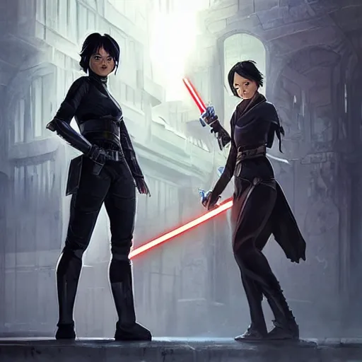 Prompt: cassandra cain as a jedi, dual wielding two lightsabers, old abandoned city, detailed!!!,, beautiful face!!!!, 2 7 years old, cg animation, lifelike, animated, realistic, by artgerm, greg rutkowski, 3 d