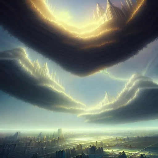 Image similar to empyrean city it the clouds, fantasy, artstation, trending on artstation, professional art