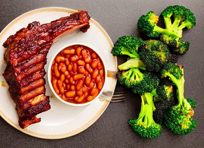 Image similar to dslr food photograph of a rack of ribs with a side of broccoli and baked beans of candy, 8 5 mm f 1. 8