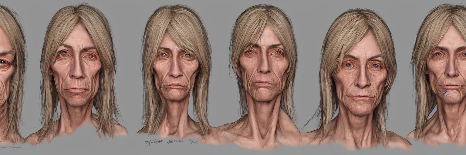 Image similar to colored pencils female character face study of iggy pop, skinny woman, 5 5 yo, clear female iggy pop faces, emotional, character sheet, fine details, concept design, contrast, kim jung gi, pixar and da vinci, trending on artstation, 8 k, 3 6 0 head, turnaround, front view, back view, ultra wide angle