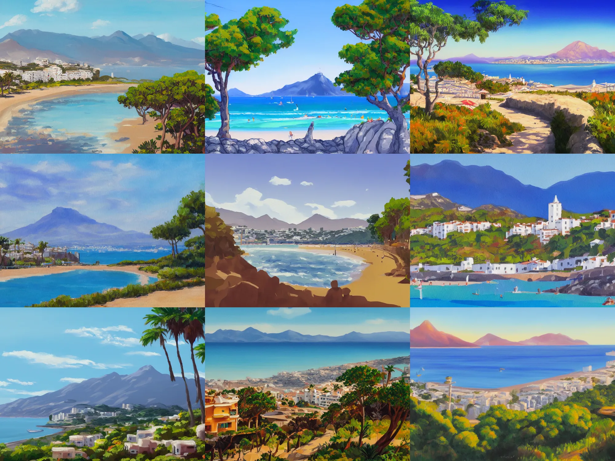 Prompt: mate painting of marbella landscape, sun coast, small city, beach, mountain in the background, trending on artstation, studio ghibli, fine art, 8 k resolution