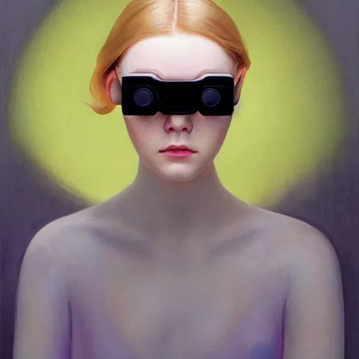 Prompt: Elle Fanning wearing a night vision goggles in the style of Paola Vetri, head and shoulders portrait, stormy weather, extremely detailed masterpiece, oil on canvas, low-key neon lighting, artstation, Blade Runner 2049, Roger Deakin’s cinematography, by J. C. Leyendecker and Peter Paul Rubens and Edward Hopper and Michael Sowa,