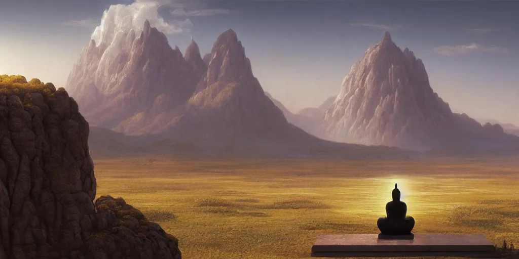 Prompt: budha praying in the middle of a beautiful hyper realistic detailled matte painting of a serene landscape with a dull plains with a black colossus god walking in the foreground and mountains in the background at early evening, by john howe and greg rutkowski and albert bierstadt, unreal engine, trending on artstation, barometric projection, rectilinear, f 8