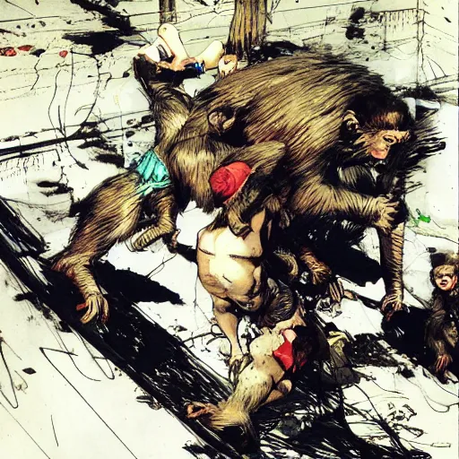 Image similar to a tight shot of a monkey attacking a child in Japan by Yoji Shinkawa and Ashley Wood, rule of thirds