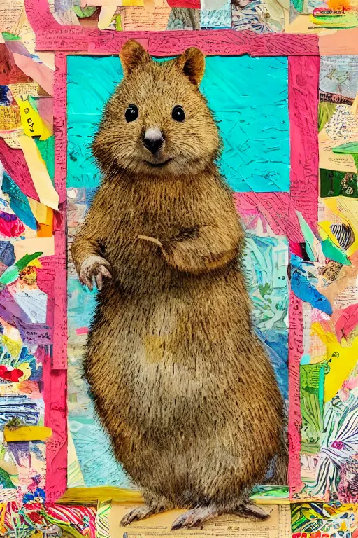 Image similar to detailed illustration, a portrait of a happy quokka on rotttnest island constructed from colored paper, collage, may gibbs, layered composition, layers, texture, textured, layered, sculpted, dynamic, 🦋, 🌱,