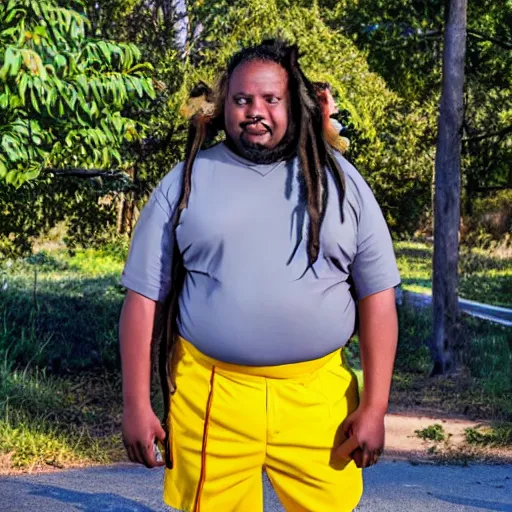 Image similar to overweight african american male school bus driver with dreads, wearing shorts with chubby legs, big moe, symmetric face, photo