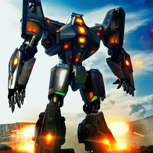 Prompt: mecha warrior in ps 5 game machine warrior 5 and pacific rim movie
